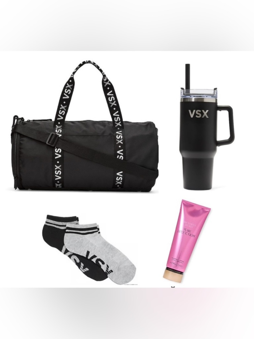 VSX Black Duffle Bag Set with Black Tumbler, Gray/Black Socks & Pink Lotion